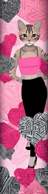 Cat bookmarks illustration of a cat on a pink and black hearts background